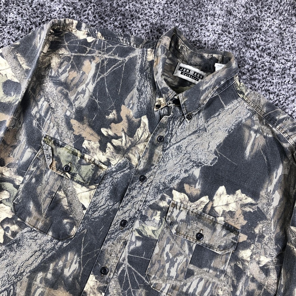 Jerzees Shirt Mens 2XL Green Camo Long Sleeve Button Up Hunting USA Outdoors